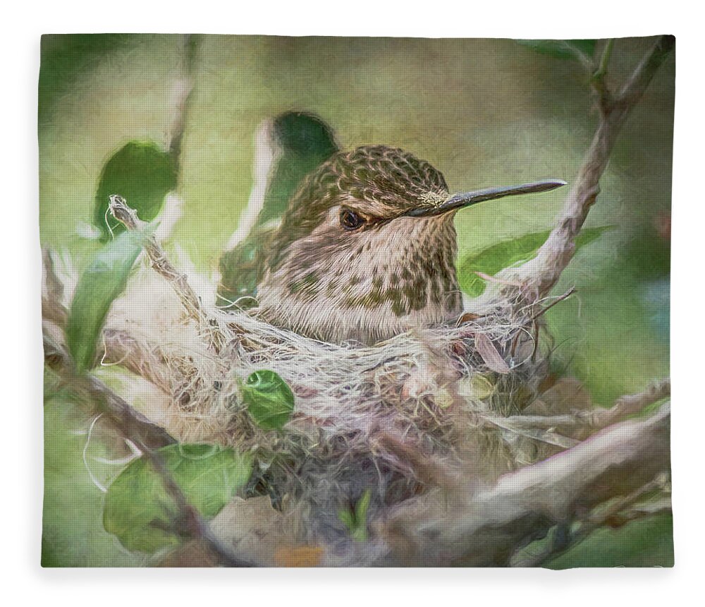 Bird Fleece Blanket featuring the mixed media Minding the Nest by Teresa Wilson