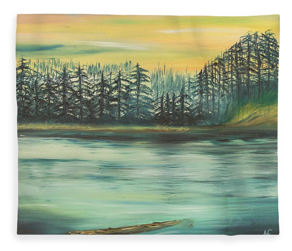 Lake Fleece Blanket featuring the painting Mirror Lake by Neslihan Ergul Colley