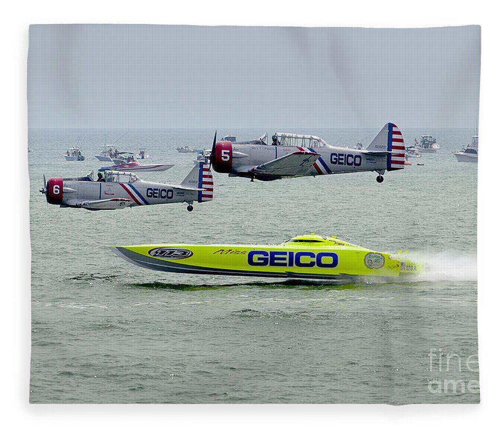 Geico Fleece Blanket featuring the photograph Miss Geico and the Geico Skytypers Airshow Team by Anthony Totah
