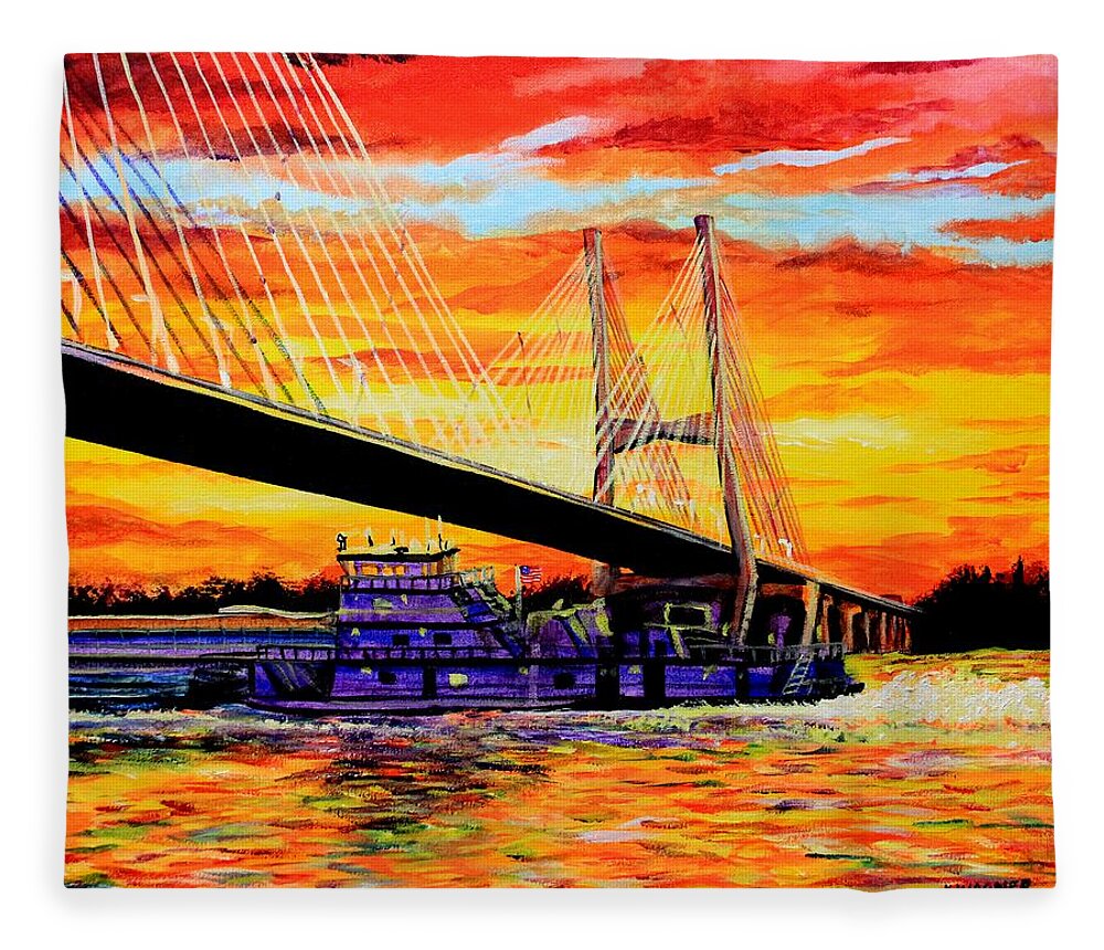 Bridge Fleece Blanket featuring the painting Mississippi River Bridge Greenville MS by Karl Wagner