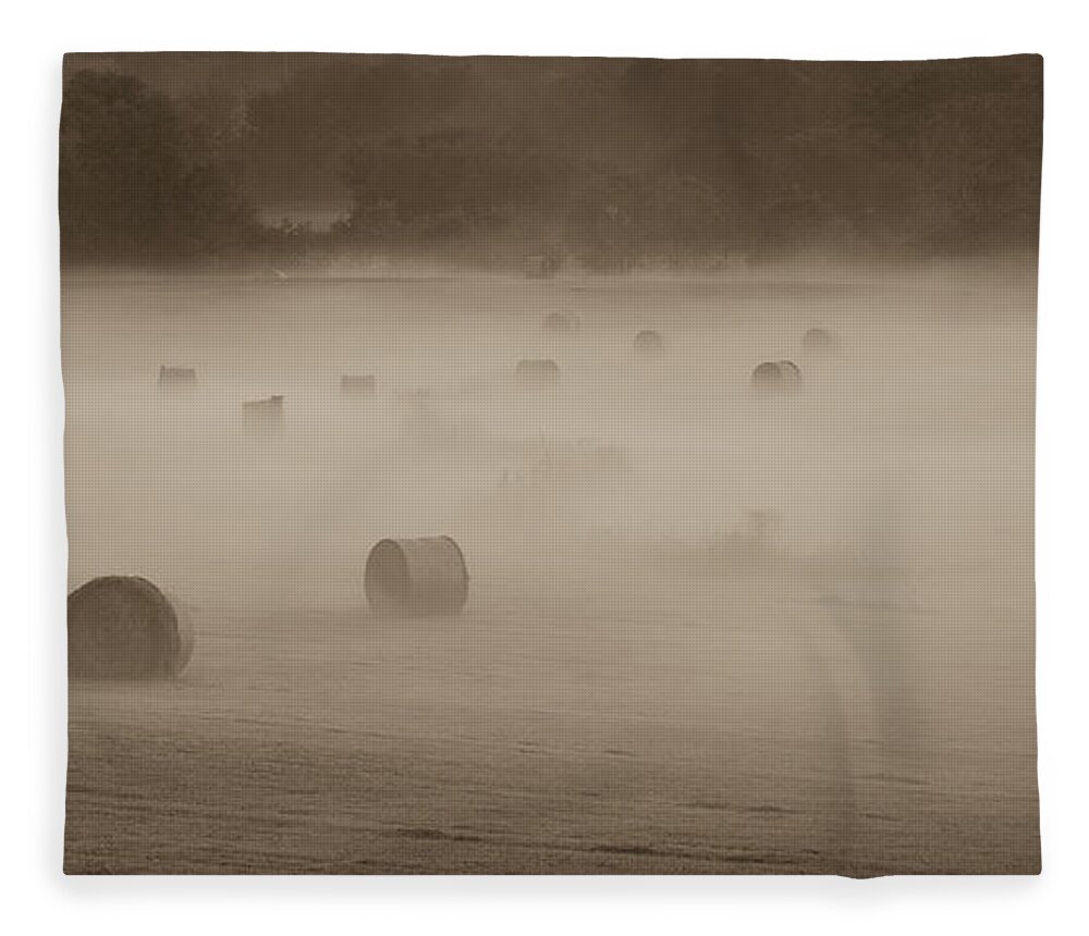 Misty Hay Bales Fleece Blanket featuring the photograph Misty Hay Bales by Tamara Becker