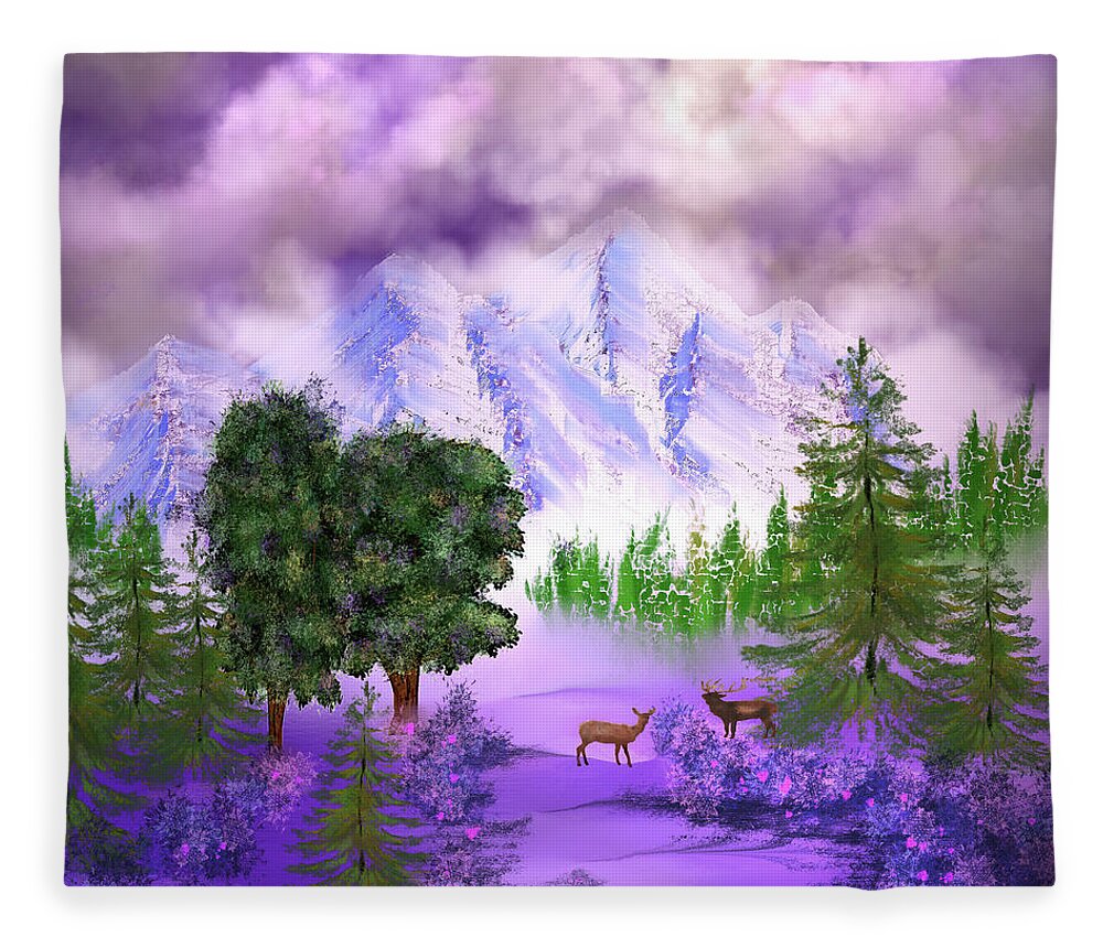 Digital Art Fleece Blanket featuring the digital art Misty Mountain Deer by Artful Oasis