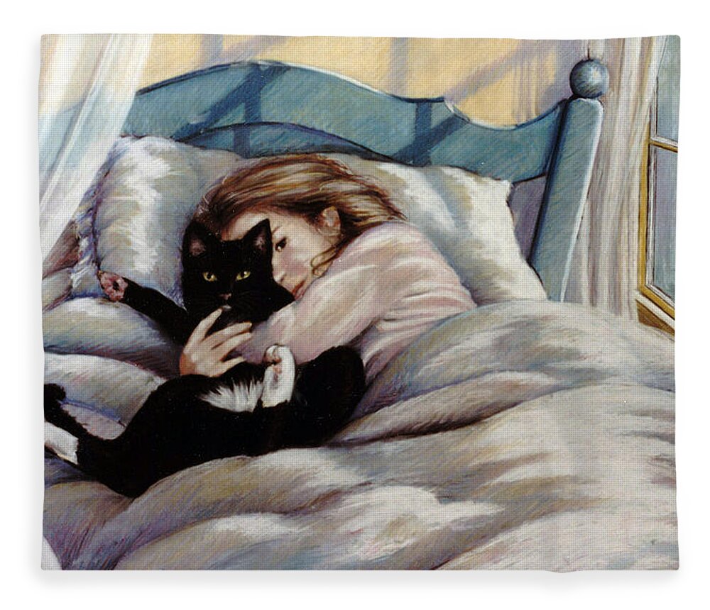 Cat With Girl Fleece Blanket featuring the pastel Mittens by Marie Witte