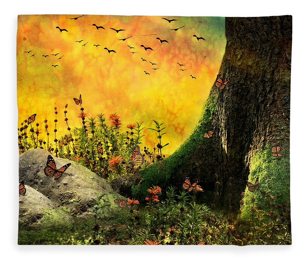 Monarch Fleece Blanket featuring the mixed media Monarch Meadow by Ally White
