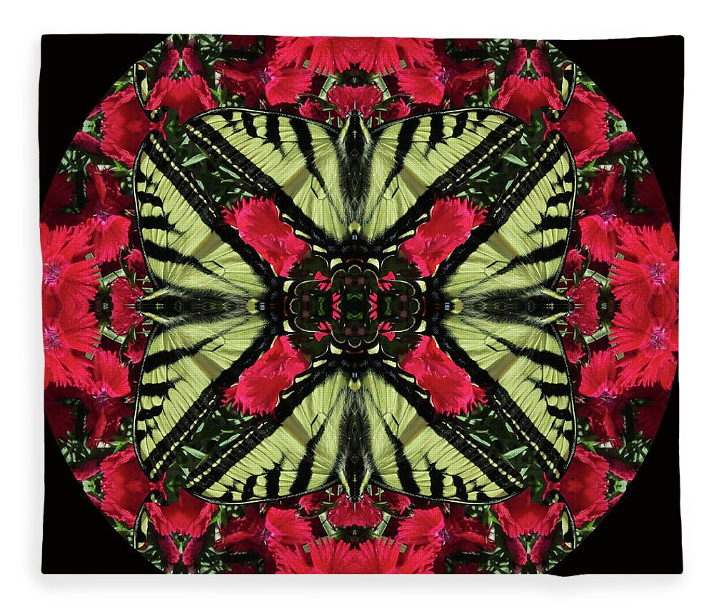 Red Flowers Fleece Blanket featuring the digital art Monarch on Dianthus Kaleidoscope by Julia L Wright