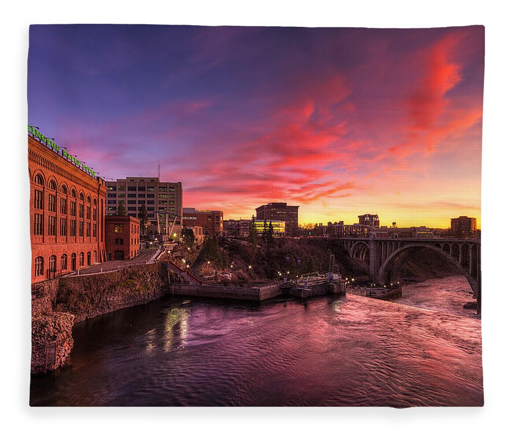 Water Fleece Blanket featuring the photograph Monroe Bridge Sunset View by Mark Kiver