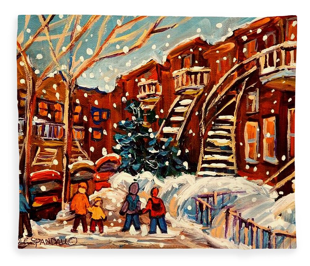 Montreal Fleece Blanket featuring the painting Montreal Street In Winter by Carole Spandau