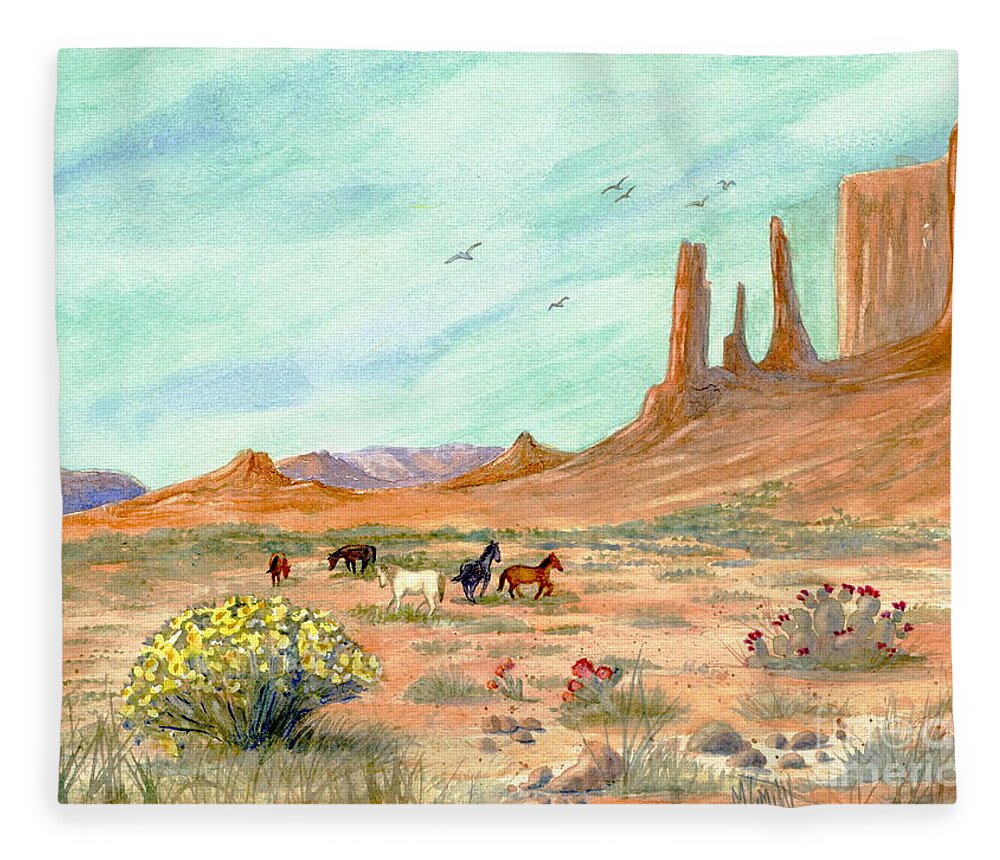 Monument Valley Fleece Blanket featuring the painting Monument Valley Vista by Marilyn Smith