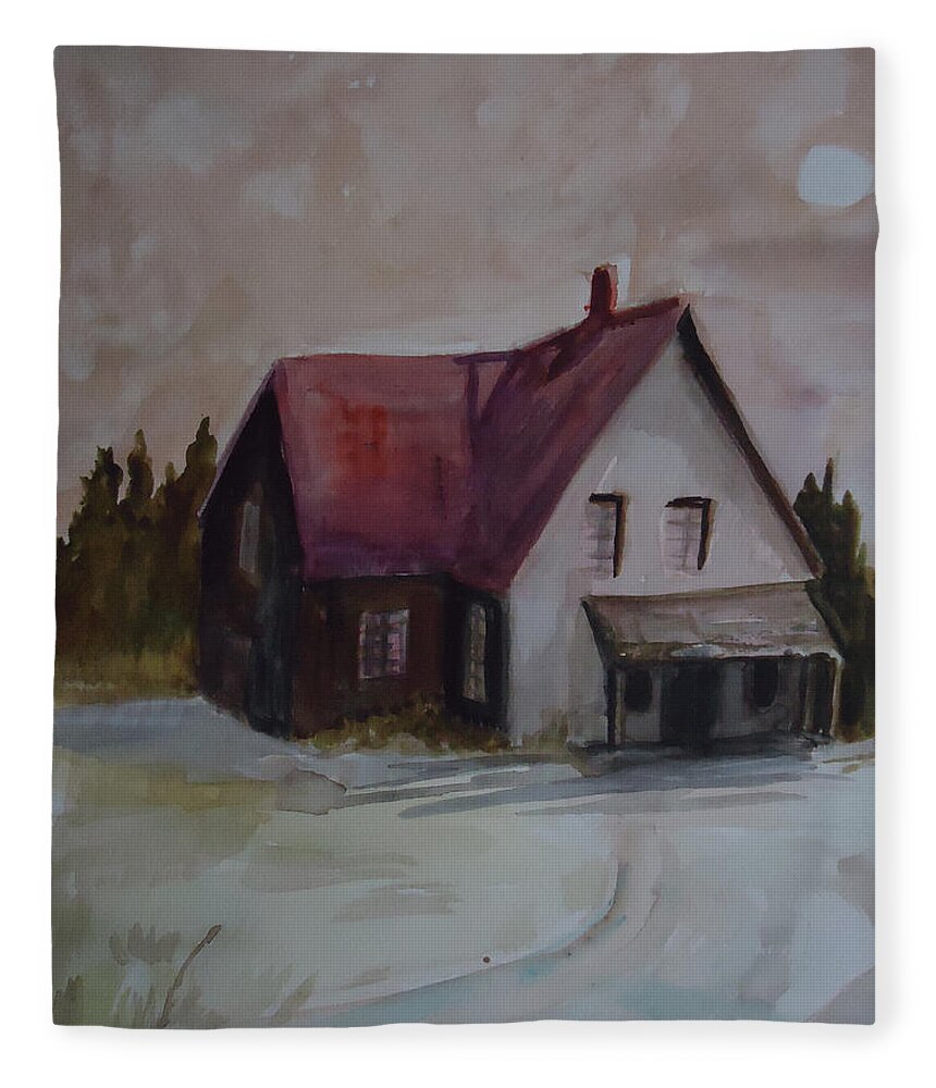 A Charming Cottage Under A Moonlit Sky Makes A Storybook Come True. Fleece Blanket featuring the painting Moon House by Charme Curtin