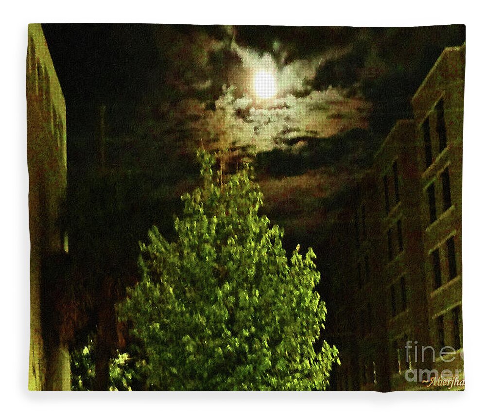 American South Fleece Blanket featuring the photograph Moon on Fire over Downtown Savannah by Aberjhani