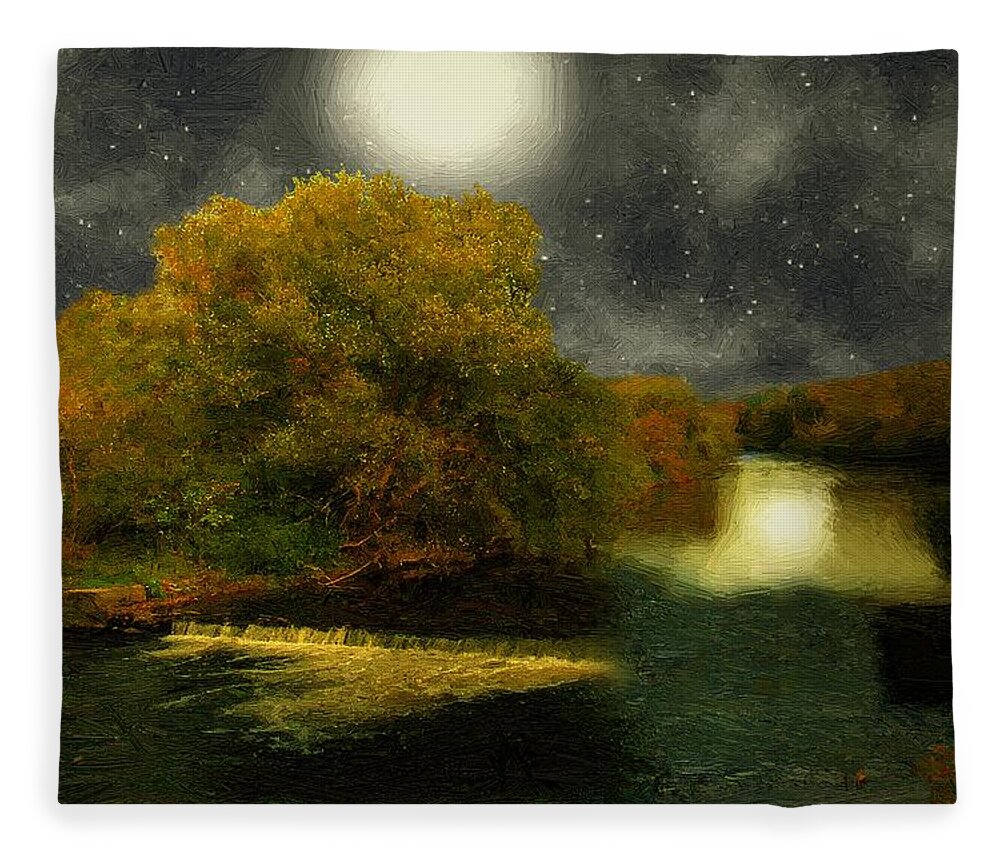 Landscape Fleece Blanket featuring the painting Moonlight in the Berkshires by RC DeWinter