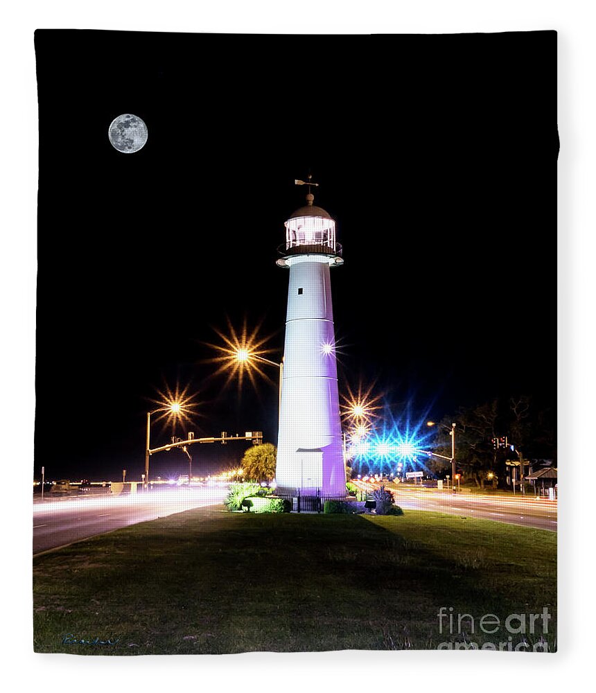 Moon Fleece Blanket featuring the photograph Moonlit Gulf Coast Lighthouse Seascape Biloxi MS 4256B by Ricardos Creations