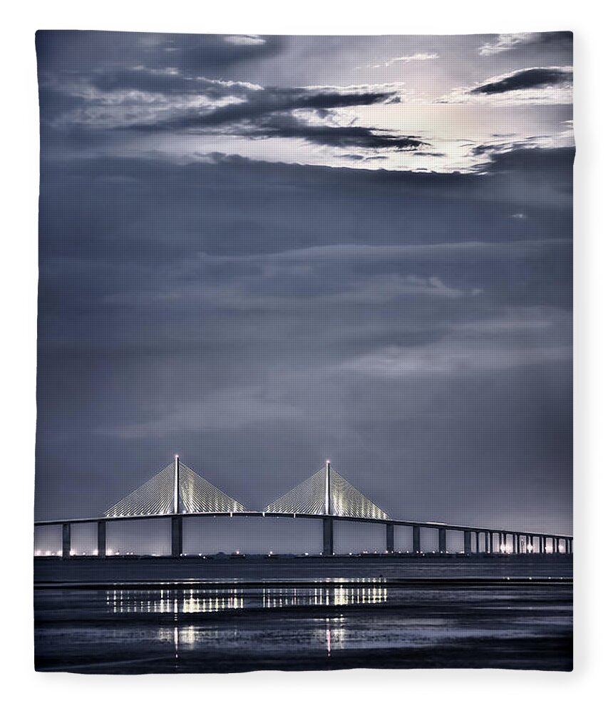 Moon Fleece Blanket featuring the photograph Moonrise Over Sunshine Skyway Bridge by Steven Sparks
