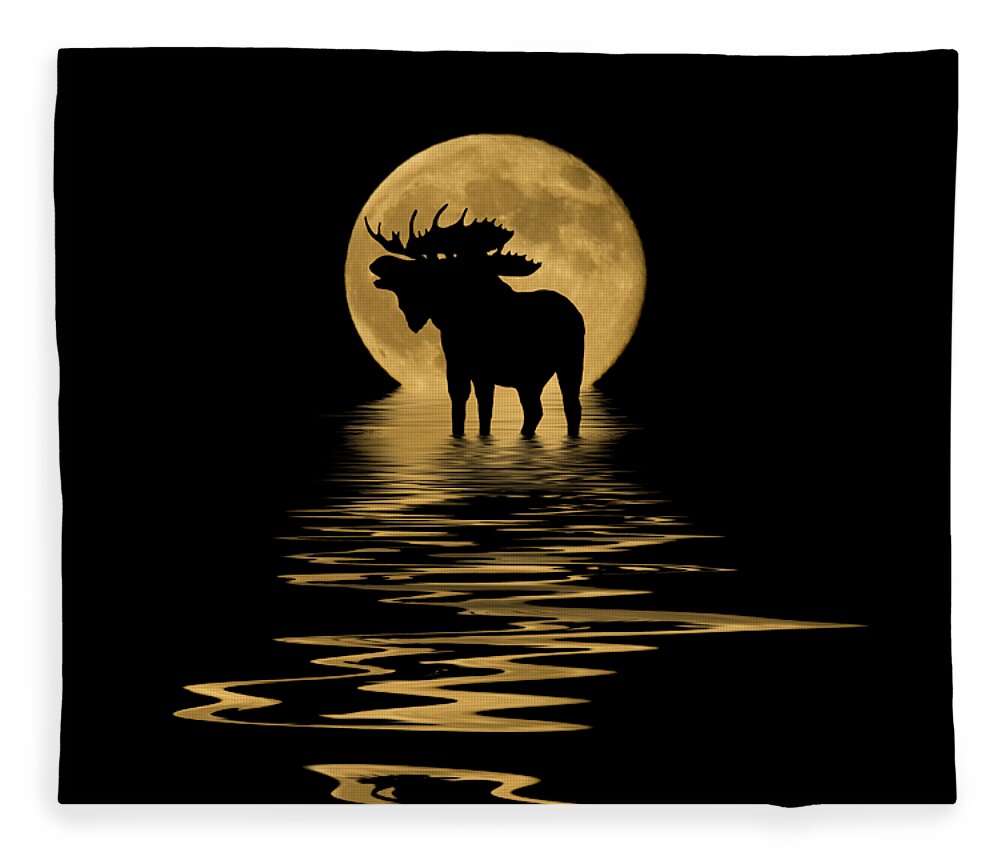 Colorado Fleece Blanket featuring the mixed media Moose in the Moonlight by Shane Bechler