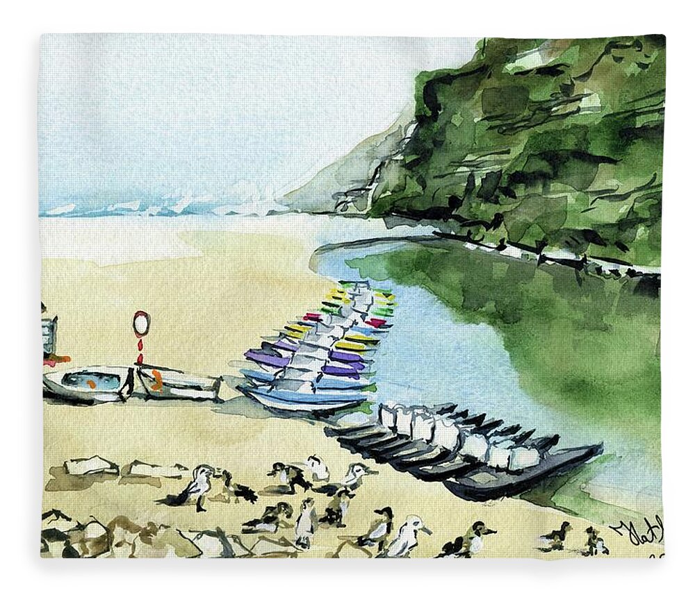 Portugal Fleece Blanket featuring the painting Morning At Porto Novo Beach by Dora Hathazi Mendes