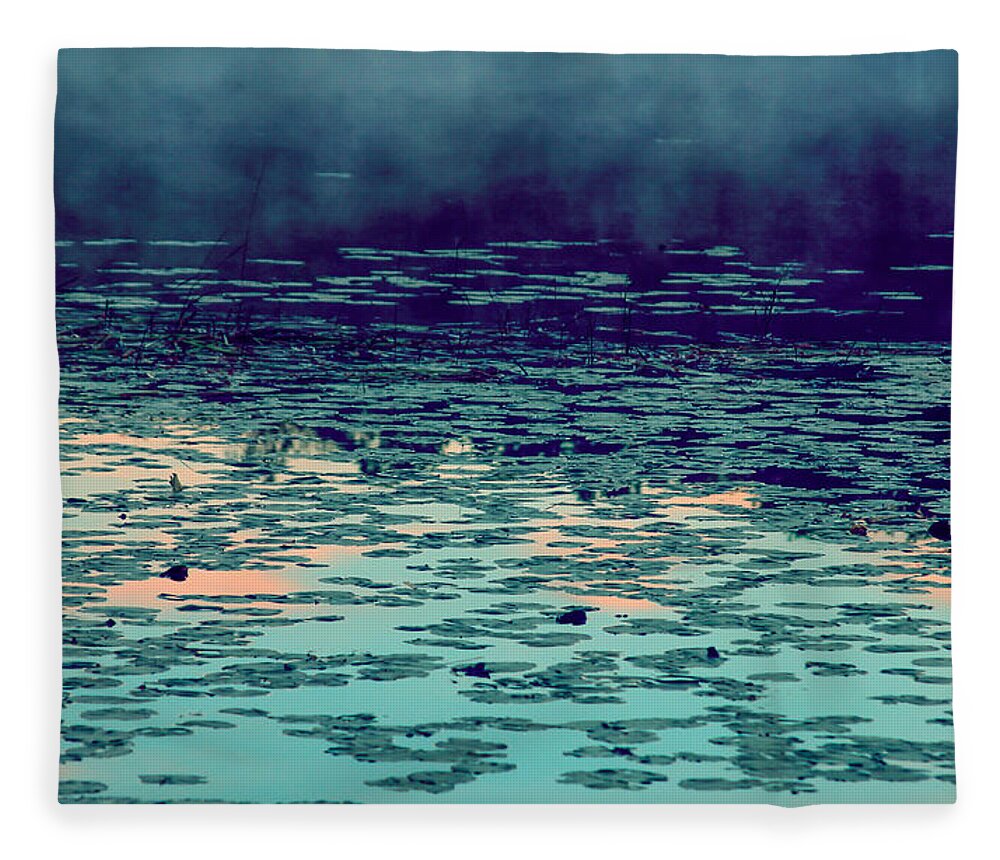 Morning Fog In The Lily Patch In Blues Fleece Blanket featuring the photograph Morning Fog in the Lily Patch in Blues by Bonnie Follett