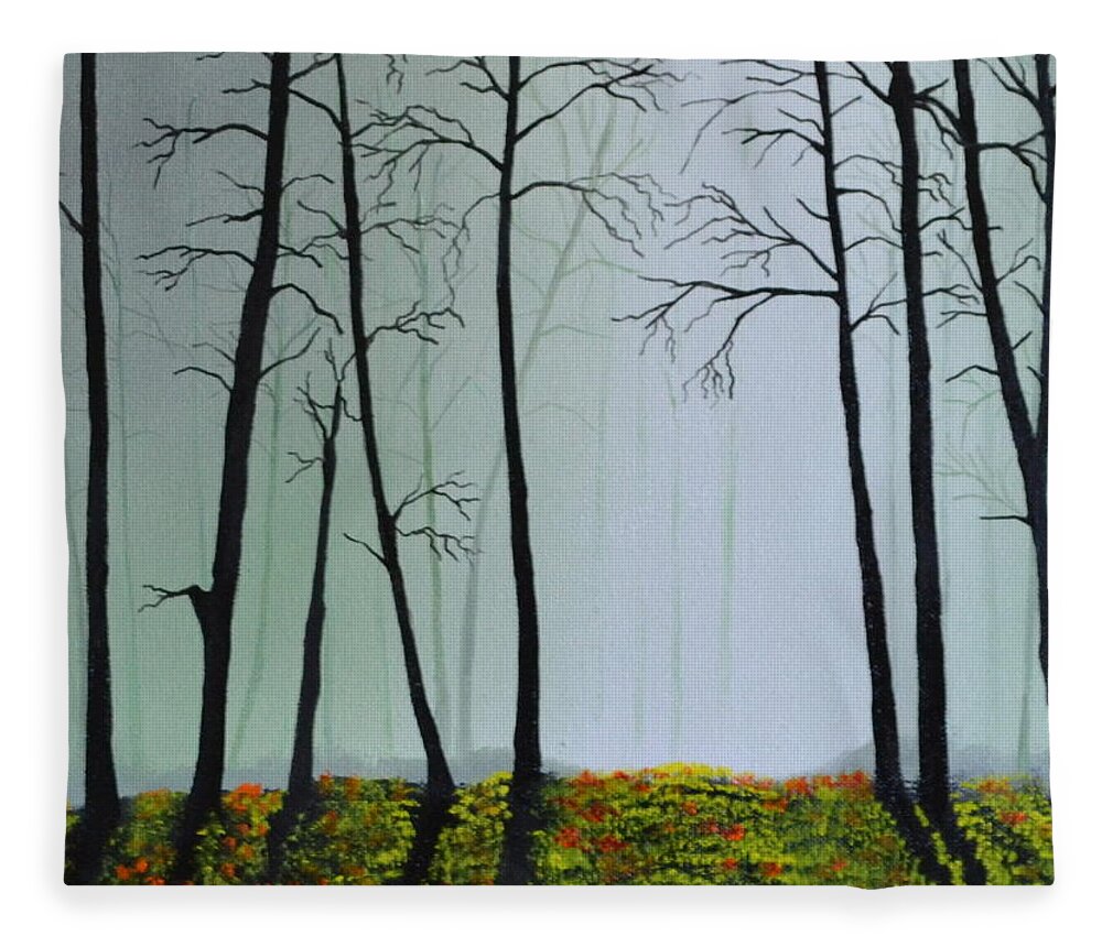 This Is A Landscape Painting Of A Foggy Wooded Area. The Light Is Coming Through A Foggy Area Of The Background. I Used A Light Colored Back Ground To Give The Painting Depth And Contrast. The Trees Don't Have Leaves And Are Casting A Shadow On The Forest Floor. The Ground Is Covered With Fresh Flowers And Green Grass. This Is An Affordable Oil Painting And Would Look Great In Any Room. Fleece Blanket featuring the painting Morning Fog by Martin Schmidt