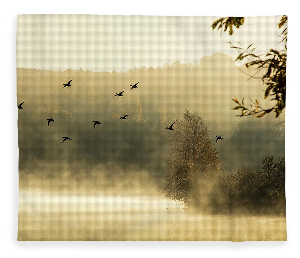 Haley Pond Fleece Blanket featuring the photograph Morning fog on Haley Pond in Rangeley Maine by Jeff Folger