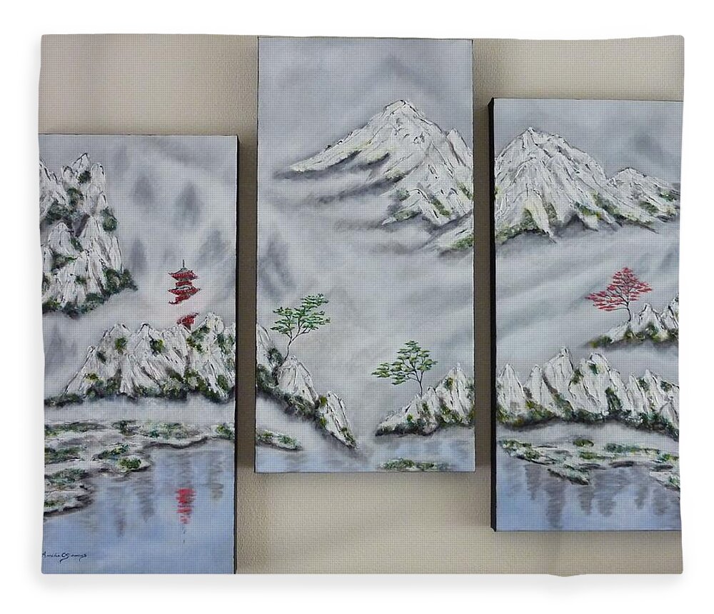 Morning Mist Fleece Blanket featuring the painting Morning Mist Triptych by Amelie Simmons