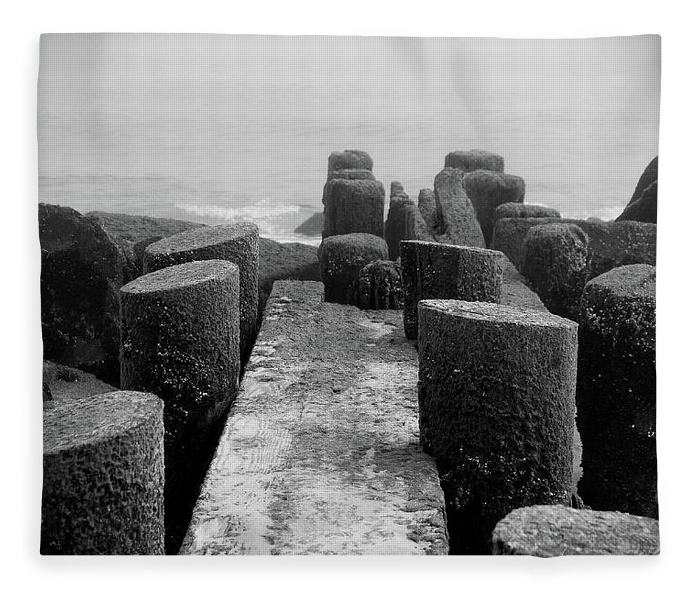 Jersey Shore Fleece Blanket featuring the photograph Mossy Jetty in Black and White - Jersey Shore by Angie Tirado