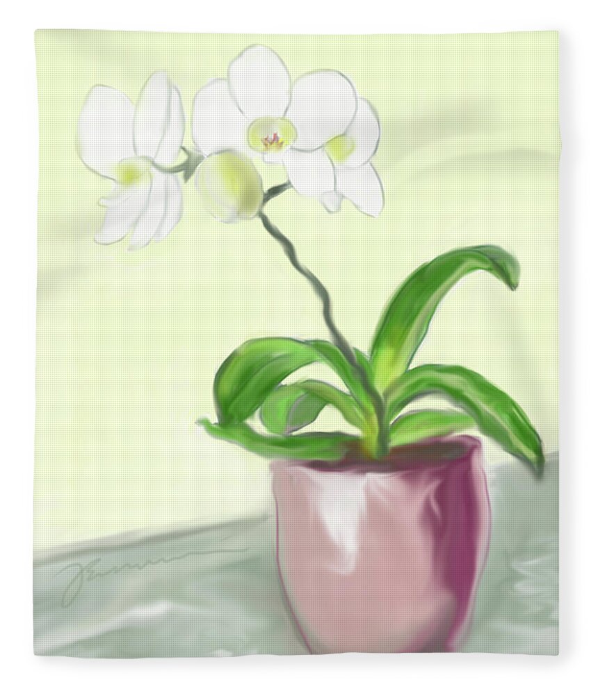 White Fleece Blanket featuring the painting Moth Orchid by Jean Pacheco Ravinski