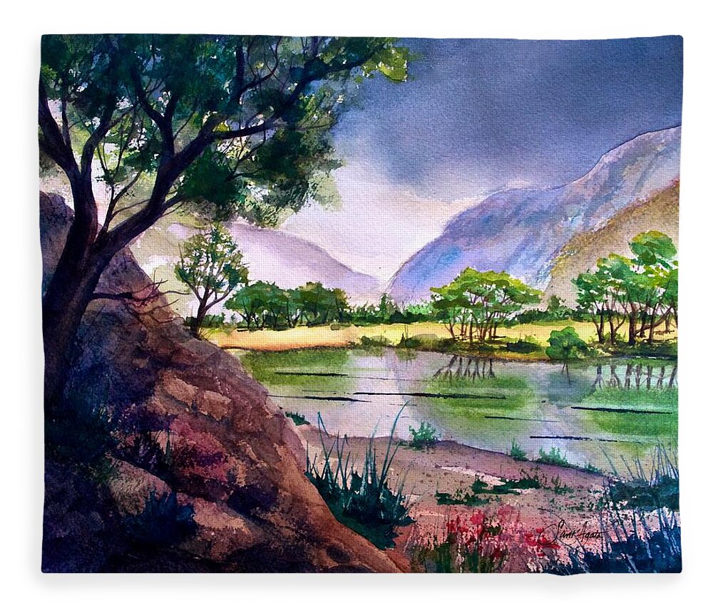 Mountains Fleece Blanket featuring the painting Mountain Lake Memories by Frank SantAgata