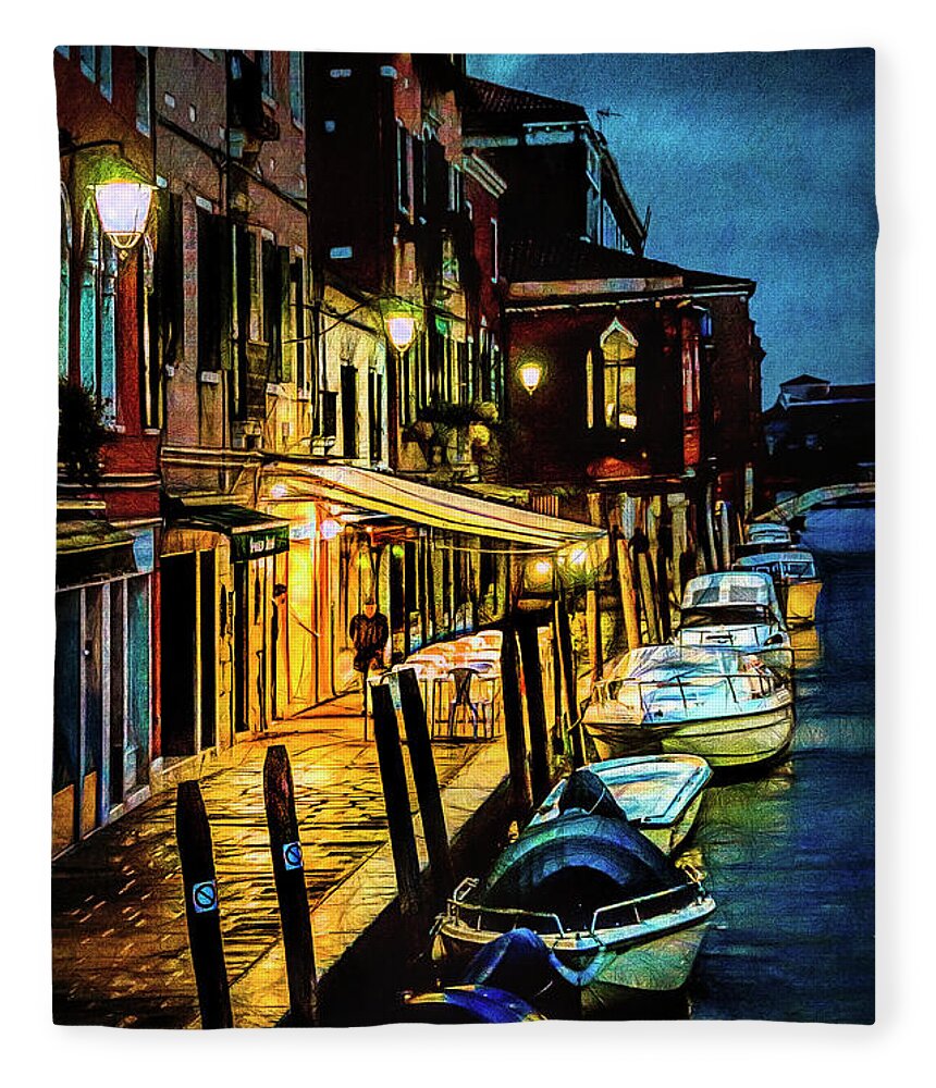Murano Fleece Blanket featuring the photograph Murano at night. by Brian Tarr