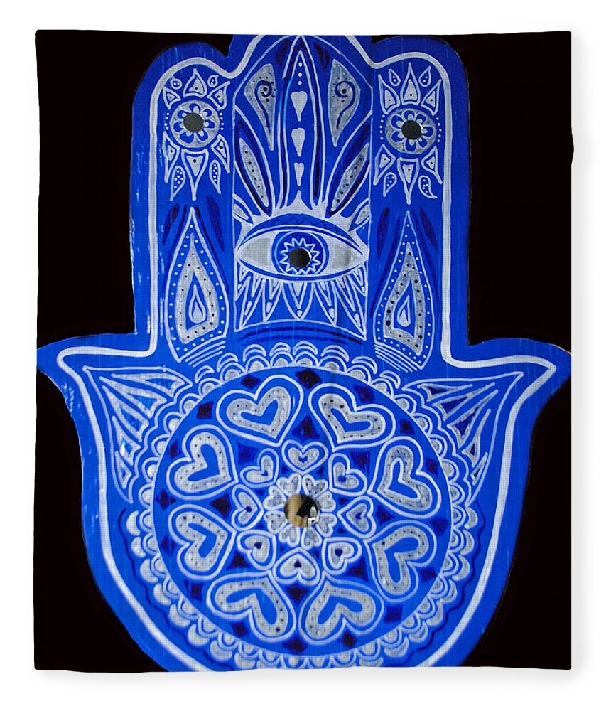 Blue Hamsa Fleece Blanket featuring the painting My Blue Hamsa by Patricia Arroyo