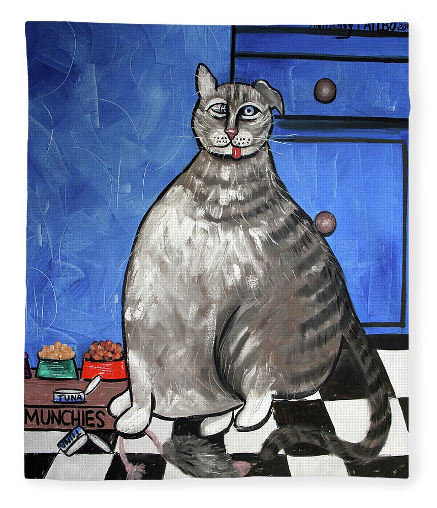  Abstract Fleece Blanket featuring the painting My Fat Cat On Medical Catnip by Anthony Falbo