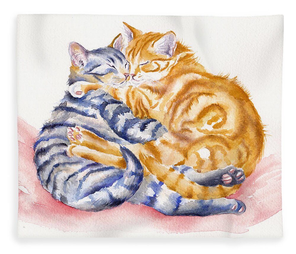 Cats Fleece Blanket featuring the painting My Furry Valentine - Loving Cats by Debra Hall