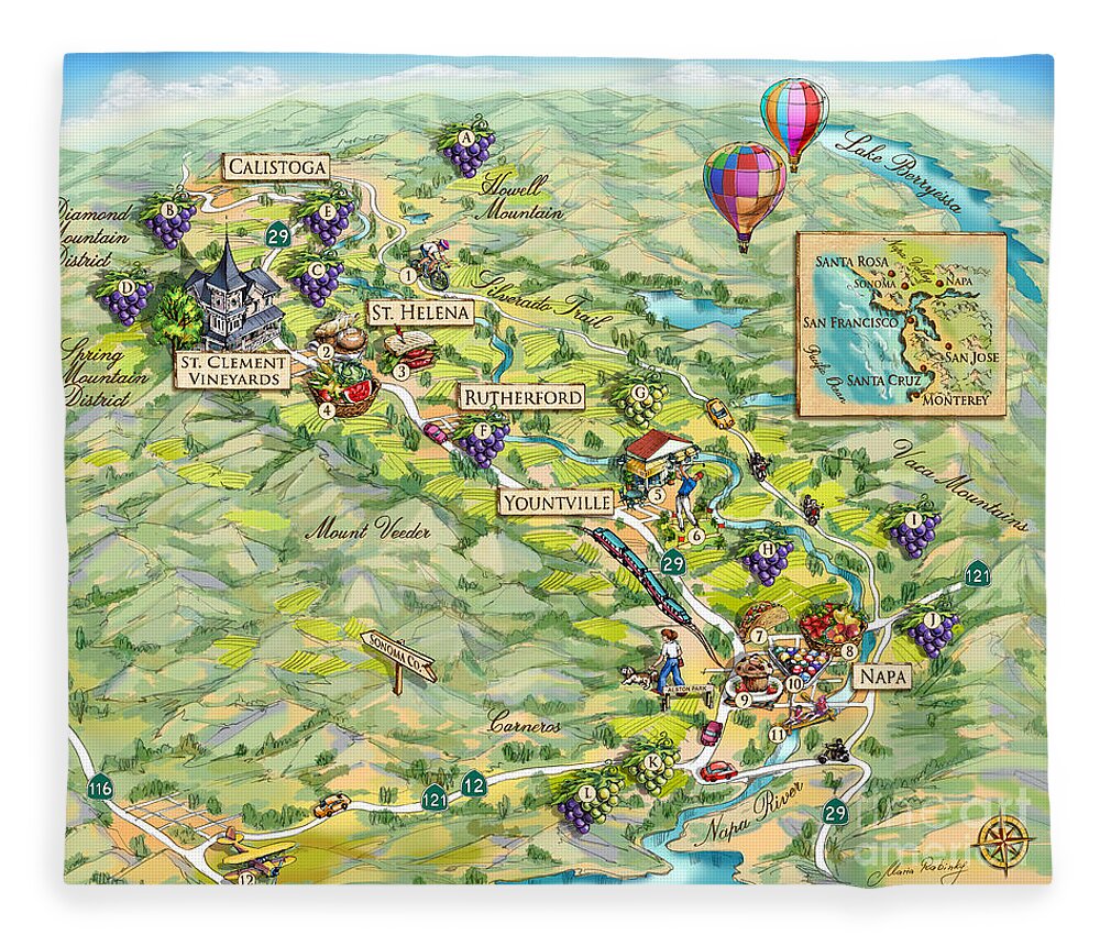 Napa Valley Fleece Blanket featuring the painting Napa Valley Illustrated Map by Maria Rabinky