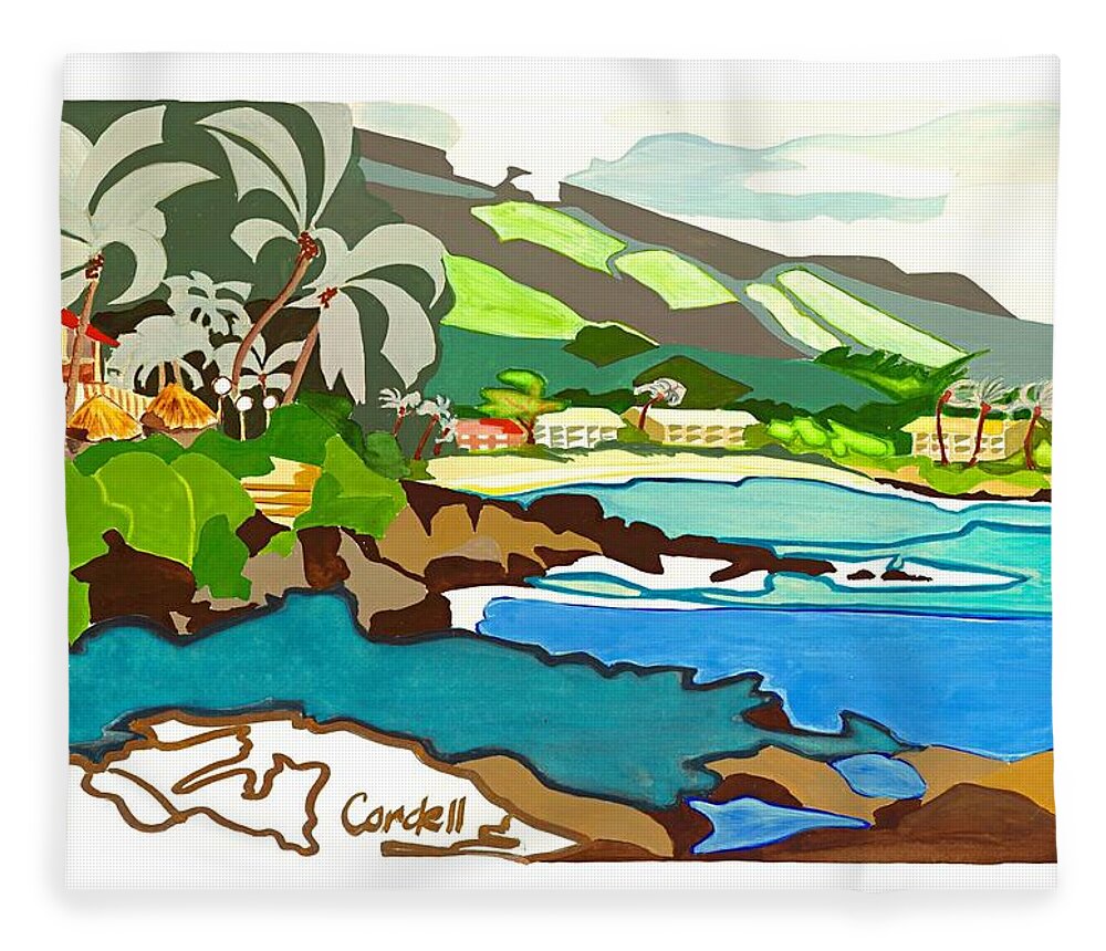 Tropical Island Fleece Blanket featuring the painting Napili Bay - Maui by Joan Cordell