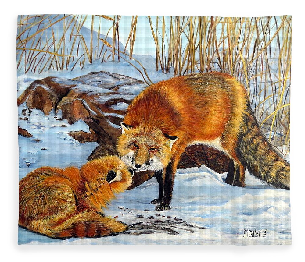 Red Fox Fleece Blanket featuring the painting Natures Submission by Marilyn McNish