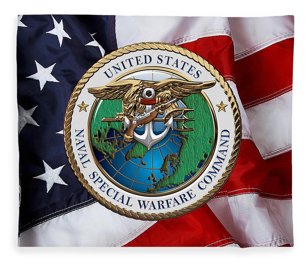 'military Insignia & Heraldry - Nswc' Collection By Serge Averbukh Fleece Blanket featuring the digital art Naval Special Warfare Command - N S W C - Emblem over U. S. Flag by Serge Averbukh