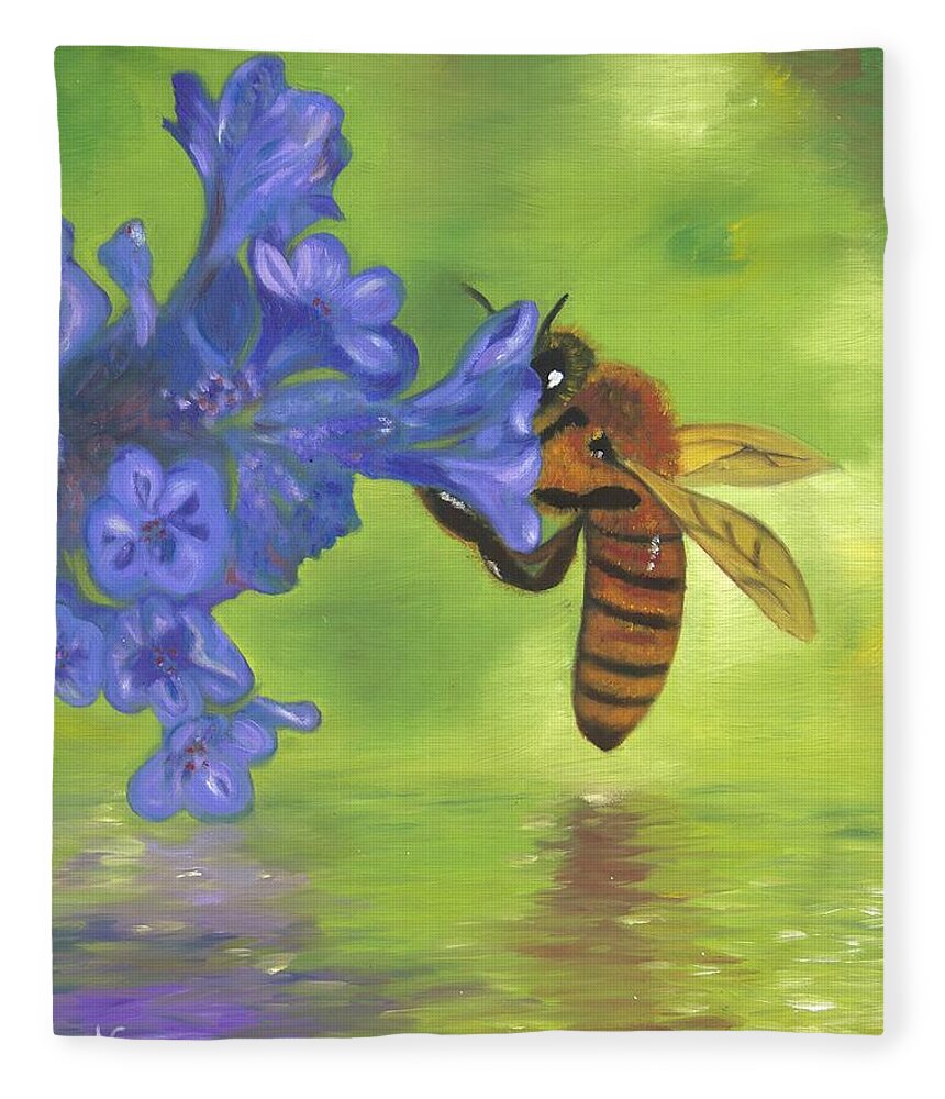 Bee Fleece Blanket featuring the painting Nectar of Life - Honeybee by Neslihan Ergul Colley