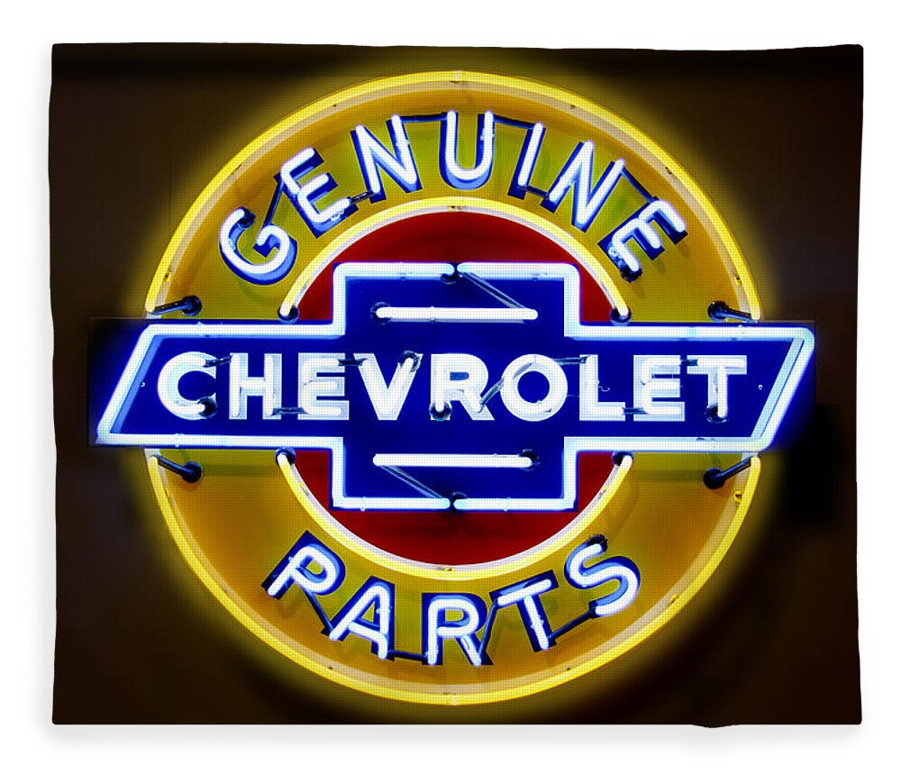 Neon Sign Fleece Blanket featuring the photograph Neon Genuine Chevrolet Parts Sign by Mike McGlothlen