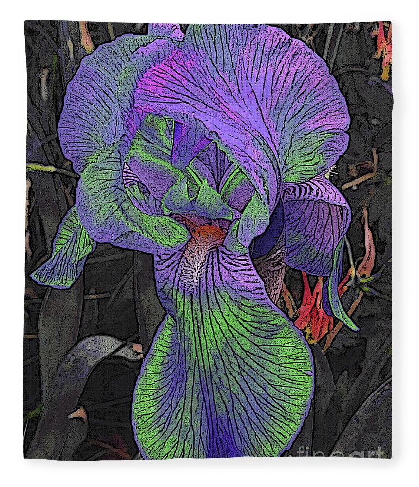 Flower Fleece Blanket featuring the digital art Neon Iris Dark Background by Conni Schaftenaar