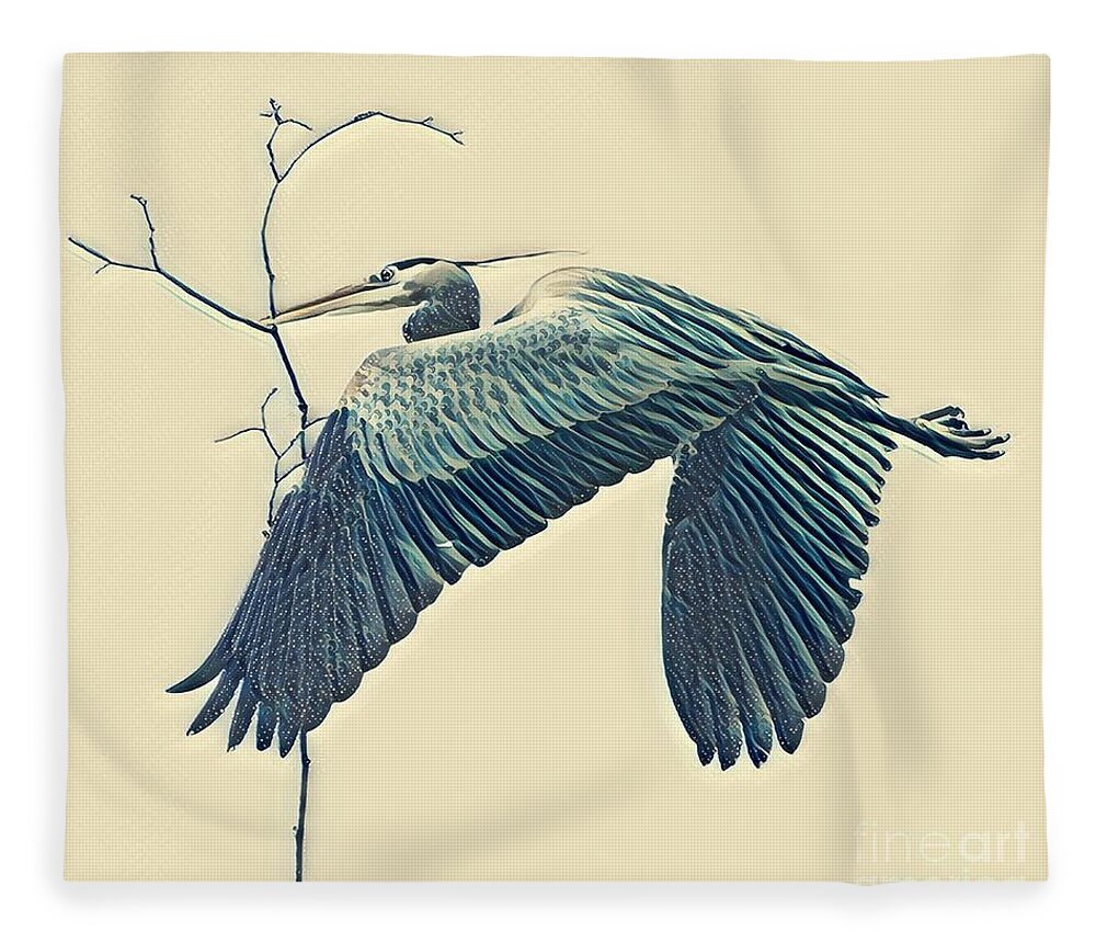 Heron Fleece Blanket featuring the mixed media Nesting Heron by Denise Railey