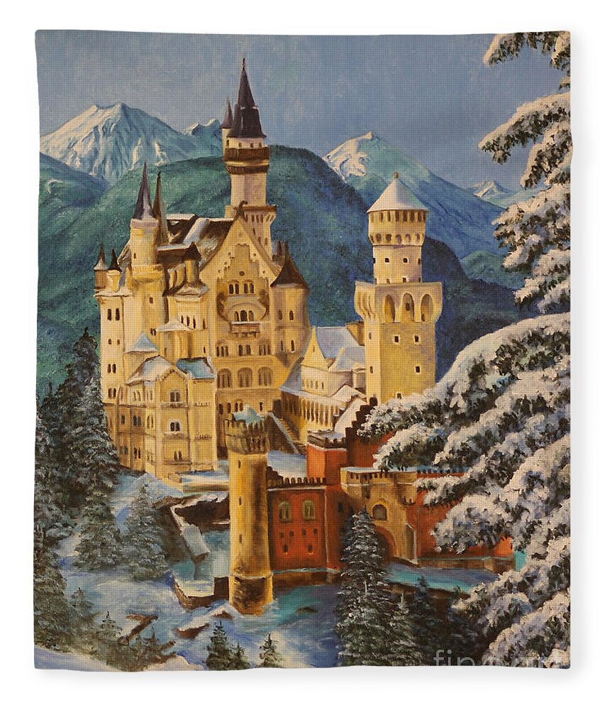 Germany Art Fleece Blanket featuring the painting Neuschwanstein Castle in Winter by Charlotte Blanchard