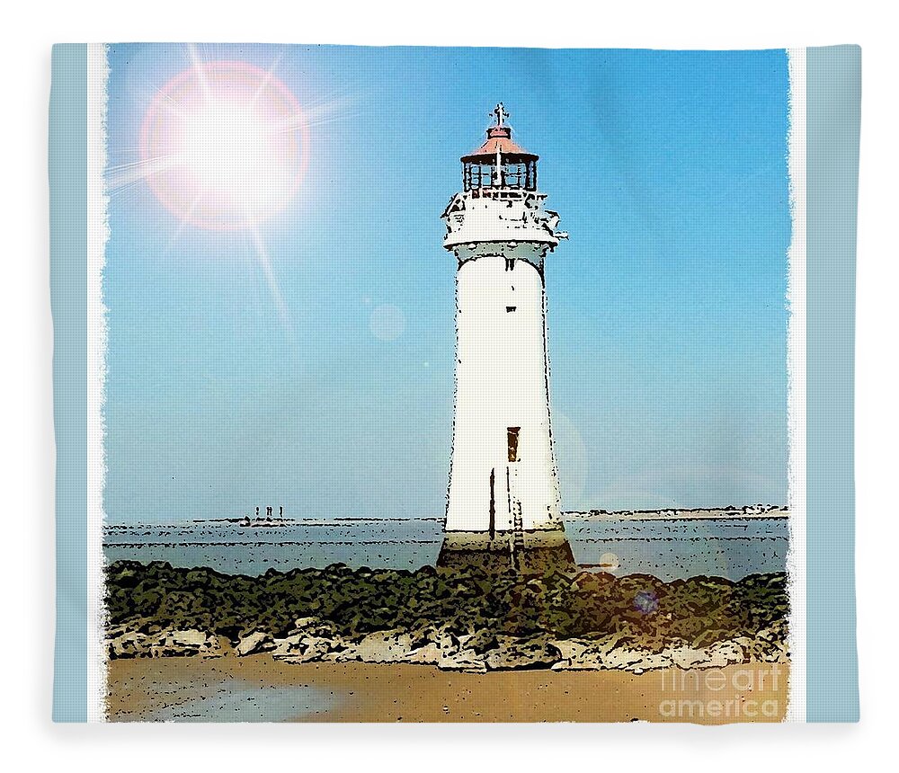 New Brighton Fleece Blanket featuring the mixed media New Brighton Lighthouse by Joan-Violet Stretch