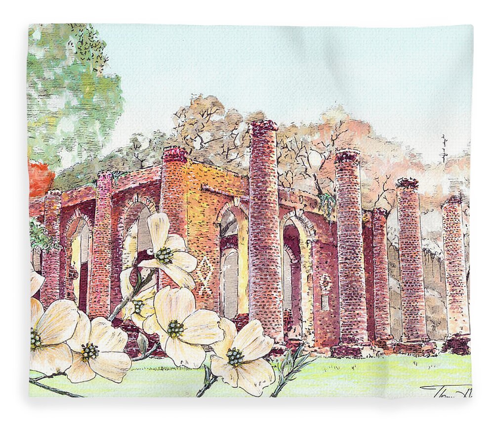 Ruins Fleece Blanket featuring the painting New Dogwoods at Old Sheldon - Revisited by Thomas Hamm
