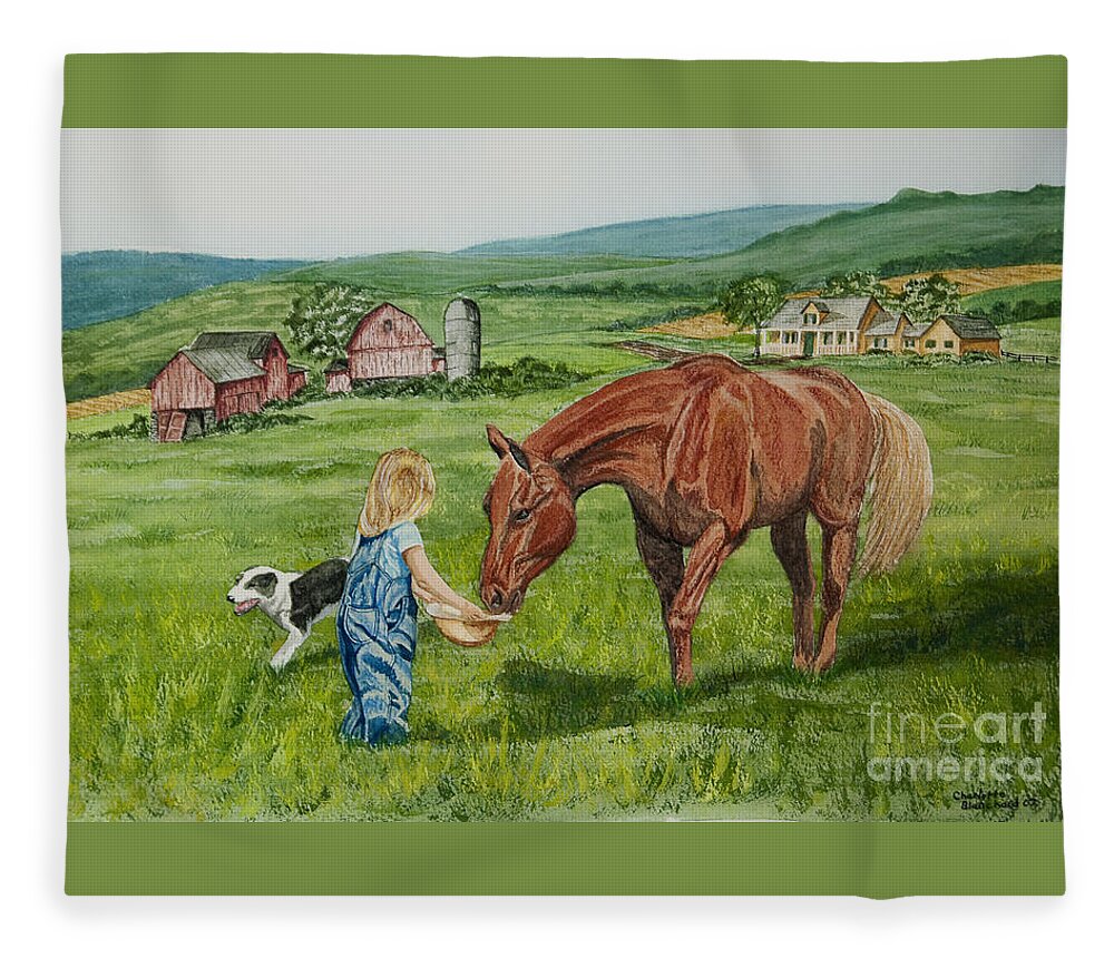 Country Kids Art Fleece Blanket featuring the painting New Friends by Charlotte Blanchard