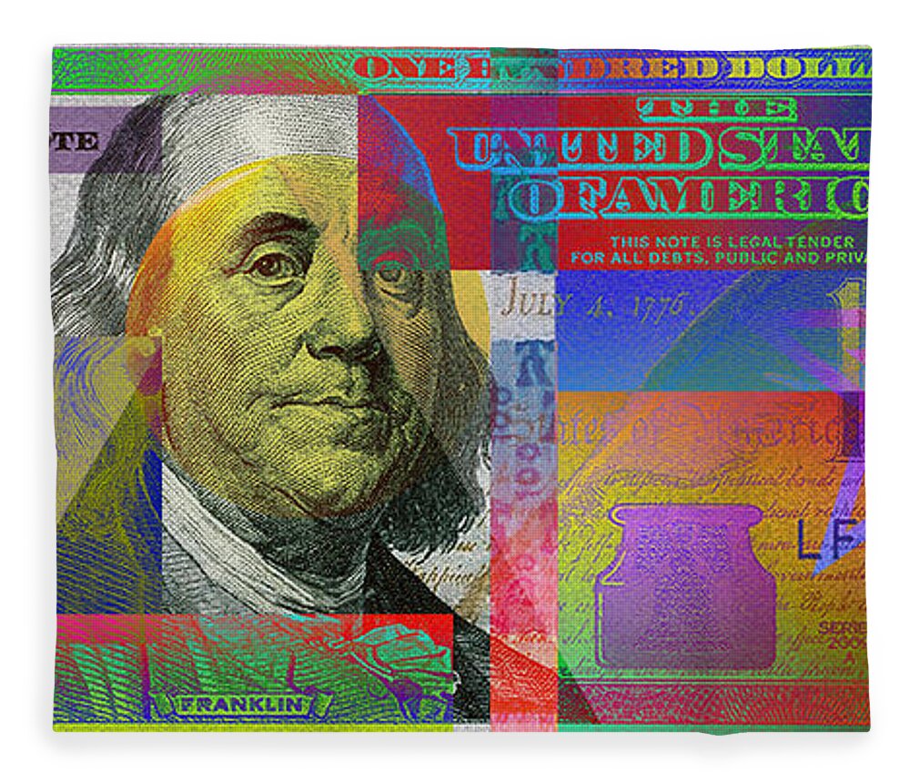 Visual Art Pop By Serge Averbukh Fleece Blanket featuring the photograph New Pop-colorized One Hundred US Dollar Bill by Serge Averbukh