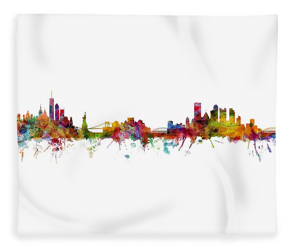 Pittsburgh New York Mashup Fleece Blanket featuring the digital art New York and Pittsburgh Skyline Mashup by Michael Tompsett