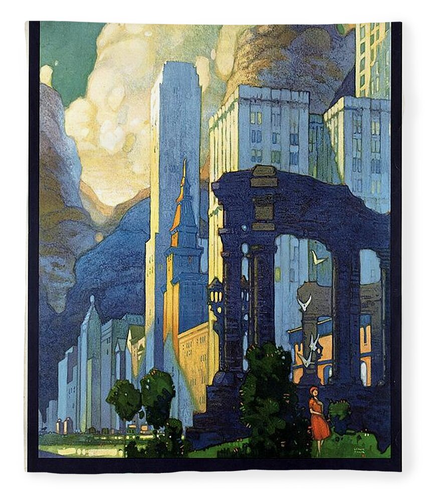 Chicago Fleece Blanket featuring the mixed media New York Central Lines, Chicago - Retro travel Poster - Vintage Poster by Studio Grafiikka