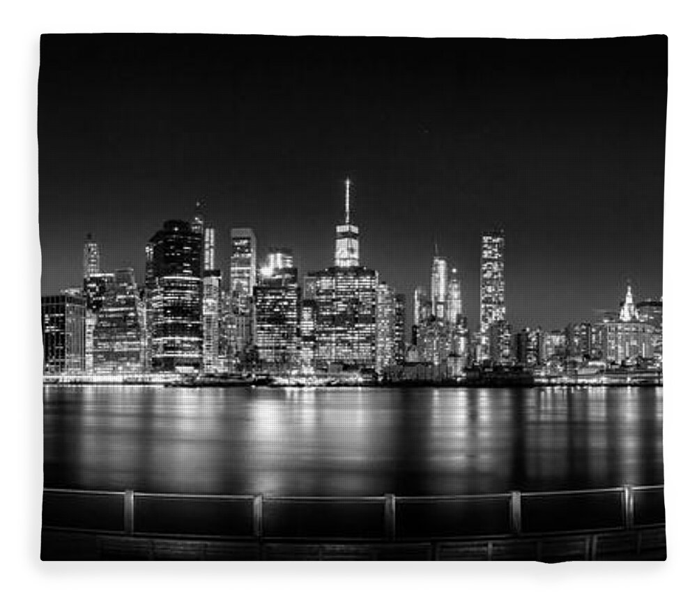 New York City Skyline Fleece Blanket featuring the photograph New York City Skyline Panorama At Night BW by Az Jackson