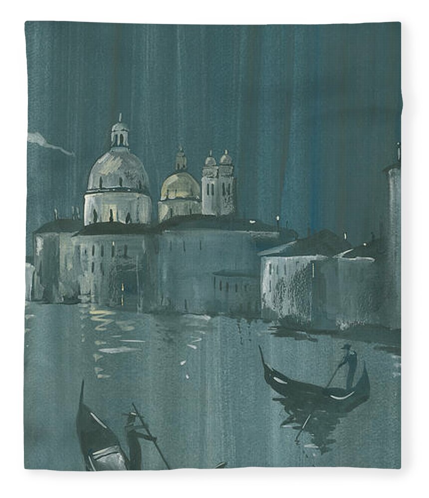 Painting Fleece Blanket featuring the painting Night in Venice. Gondolas by Igor Sakurov