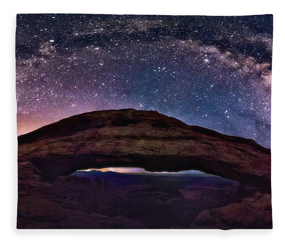 Lena Owens Fleece Blanket featuring the digital art Night Sky Over Mesa Arch Utah by Lena Owens - OLena Art Vibrant Palette Knife and Graphic Design