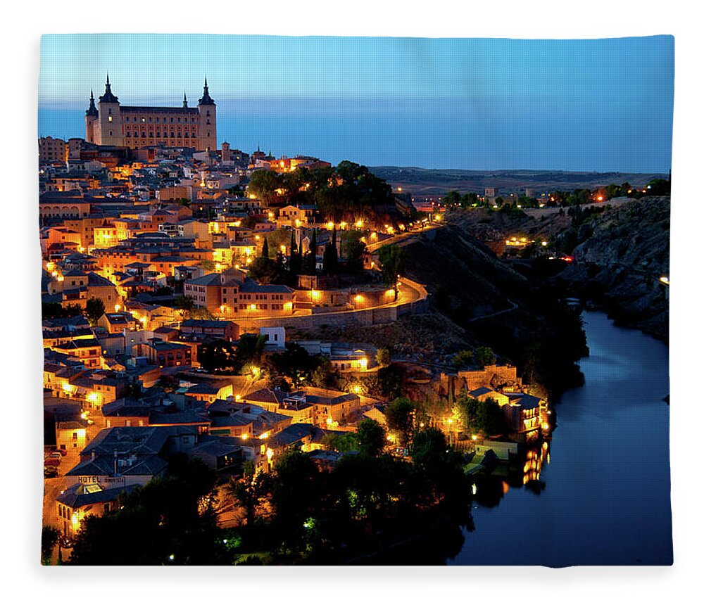 Spain Fleece Blanket featuring the photograph Nightfall over Toledo by Harry Spitz
