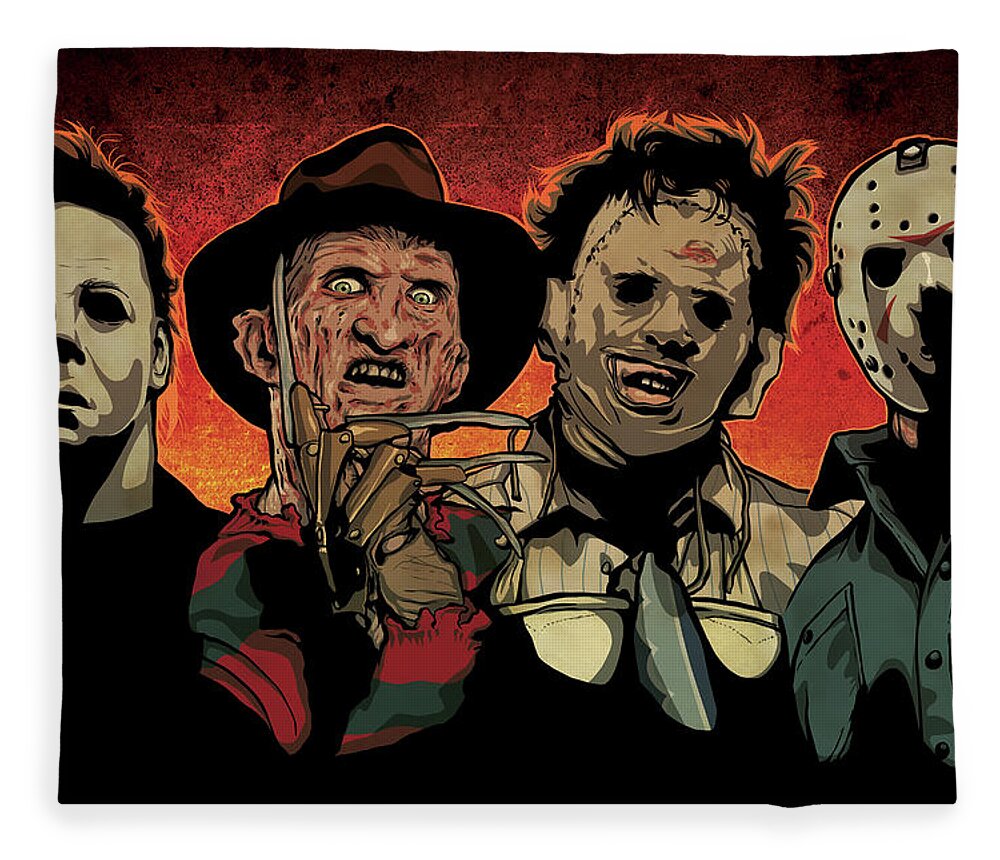 Michael Myers Freddy Krueger Leatherface Texas Chainsaw Massacre Jason Voorhees Friday The 13th Nightmare Elm Street Halloween Scary Horror Terror Movie Film Monster Slasher Classic Flick Poster Killer Illustration Drawing Portrait Digital Fleece Blanket featuring the drawing Nightmare by Miggs The Artist